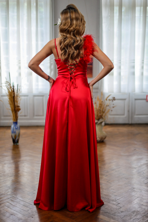 Rochie  lungă elegantă roșie cu pene umăr drept [2]