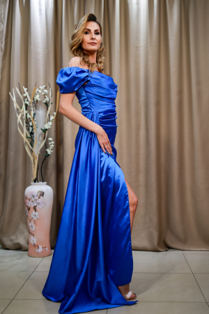 Rochie lungă elegantă  albastră umeri ușor bufanți [1]