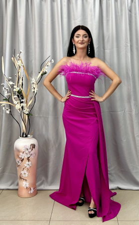 Rochii elegante lungi - Rochie Elegantă Lungă Fucsia cu Pene
