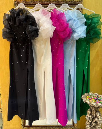 Rochie Elegantă Lungă Fucsia  cu Umeri din Voal Perlată [4]