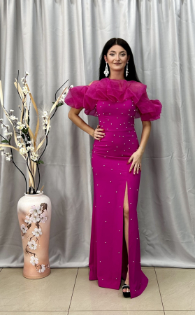 Rochii elegante lungi - Rochie Elegantă Lungă Fucsia  cu Umeri din Voal Perlată