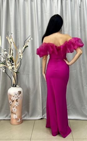 Rochie Elegantă Lungă Fucsia  cu Umeri din Voal Perlată [3]