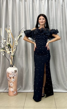 Rochie Elegantă Lungă Negră cu Umeri din Voal Perlată [1]