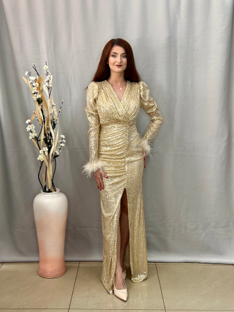 Rochie Elegantă Lungă Paietată Aurie