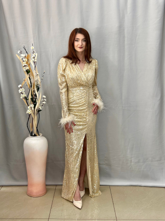 Rochie Elegantă Lungă Paietată Aurie [3]