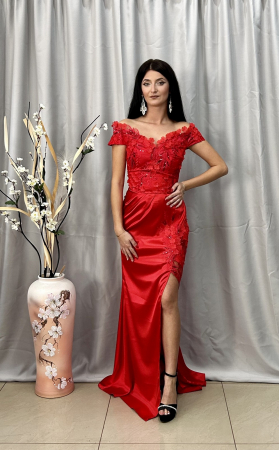 Rochie Elegantă Lungă Roșie Dantelă cu Decolteu în V [1]