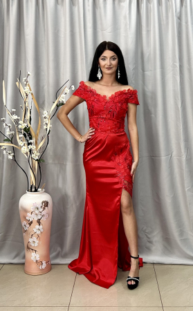 MĂRIMI MARI - Rochie Elegantă Lungă Roșie Dantelă cu Decolteu în V