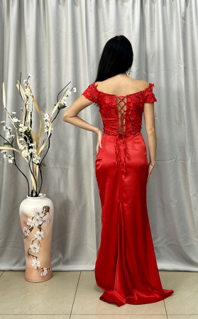 Rochie Elegantă Lungă Roșie Dantelă cu Decolteu în V [3]