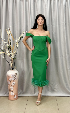 Rochie Elegantă Lungă Verde cu Pene [1]
