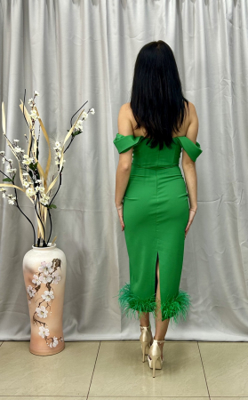 Rochie Elegantă Lungă Verde cu Pene [3]