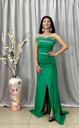 Rochie Elegantă Lungă Verde cu Pene [1]