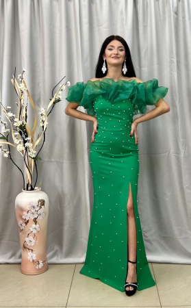 Rochie Elegantă Lungă Verde cu Umeri din Voal Perlată [1]