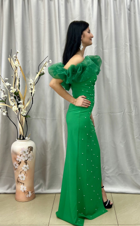 Rochie Elegantă Lungă Verde cu Umeri din Voal Perlată [3]
