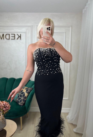 Rochie Elegantă Midi Neagră cu perle și pene [2]