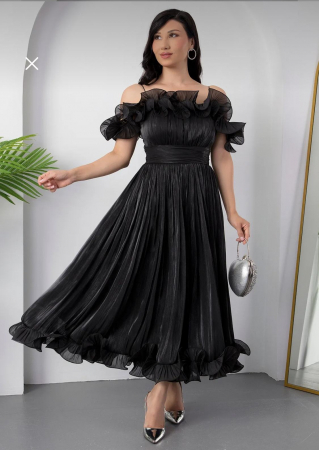 Rochie  Elegantă Neagră cu Volane și Umeri Goi [2]