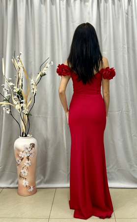 Rochie Elegantă Lungă Roșie cu Trandafir pe Umeri [3]
