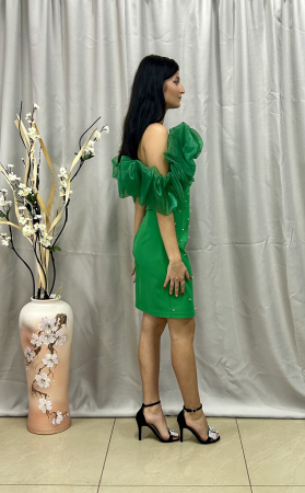 Rochie Elegantă Scurtă  Verde cu Umeri din Voal Perlată [2]