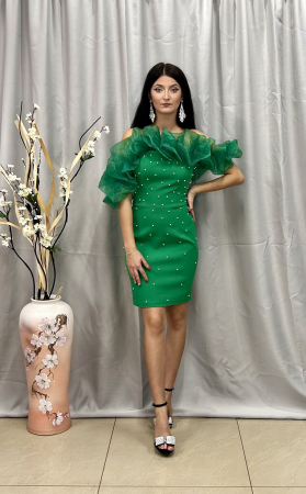 Rochii elegante scurte - Rochie Elegantă Scurtă  Verde cu Umeri din Voal Perlată