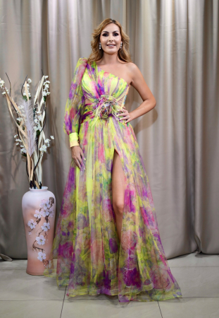 Rochie elegantă tull multicoloră lungă cu floare 3D [3]