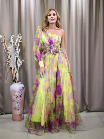 Rochie elegantă tull multicoloră lungă cu floare 3D [4]
