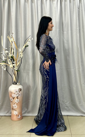 Rochie Lunga Elegantă Alastră cu Modele pe Mânecă [1]