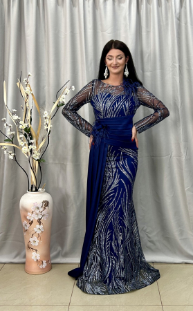 Rochie Lunga Elegantă Alastră cu Modele pe Mânecă [2]