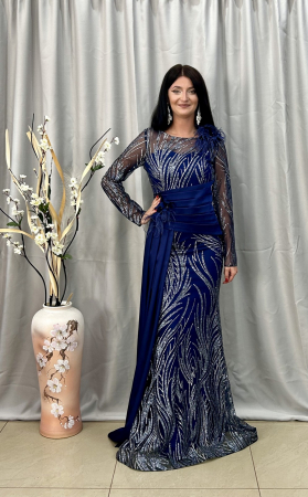 Rochii elegante lungi - Rochie Lunga Elegantă Alastră cu Modele pe Mânecă