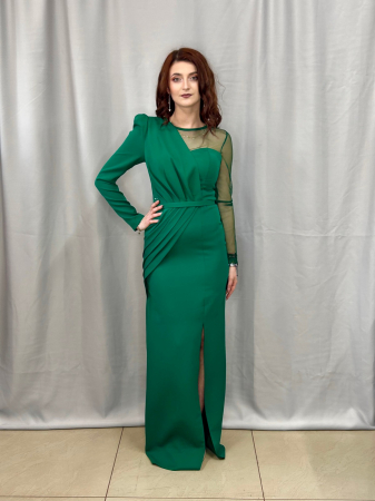 Rochie lunga verde  umăr stâng din tulle [3]