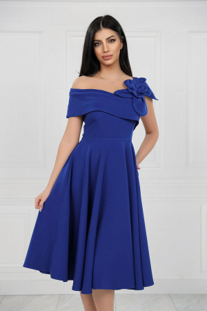 MĂRIMI MARI - Rochie Midi Elegantă Cloș Albastă Decolteu Umeri