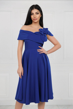 Rochie Midi Elegantă Cloș Albastă Decolteu Umeri [1]