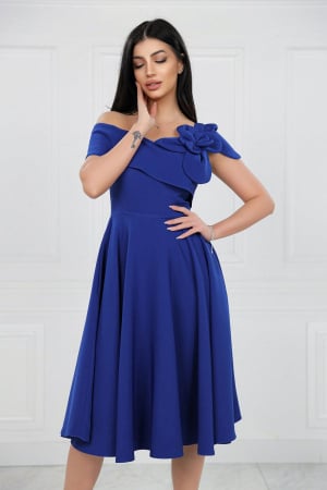 Rochie Midi Elegantă Cloș Albastă Decolteu Umeri [3]