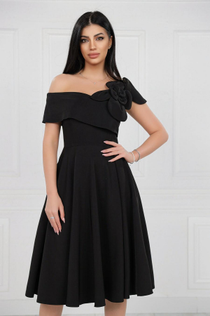 MĂRIMI MARI - Rochie Midi Elegantă Cloș Negru Decolteu Umeri
