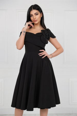 Rochie Midi Elegantă Cloș Negru Decolteu Umeri [1]