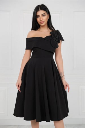 Rochie Midi Elegantă Cloș Negru Decolteu Umeri [6]