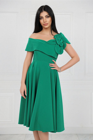 MĂRIMI MARI - Rochie Midi Elegantă Cloș Verde Decolteu Umeri