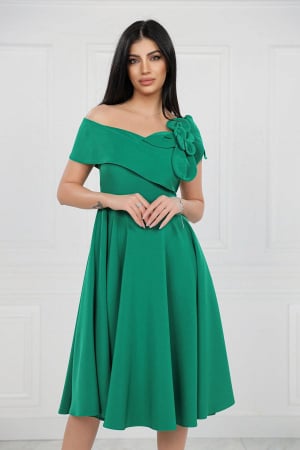 Rochie Midi Elegantă Cloș Verde Decolteu Umeri [2]