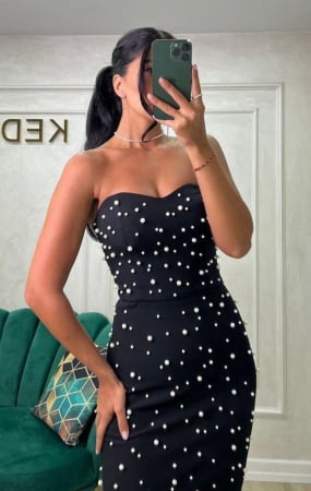 Rochie Midi Elegantă Conică Neagră cu Perle [3]