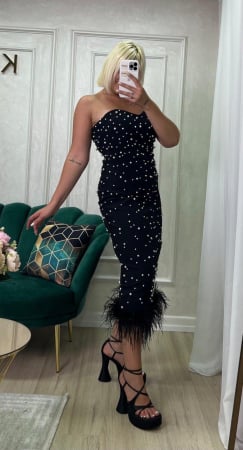Rochie Midi Elegantă Conică Neagră cu Perle [2]