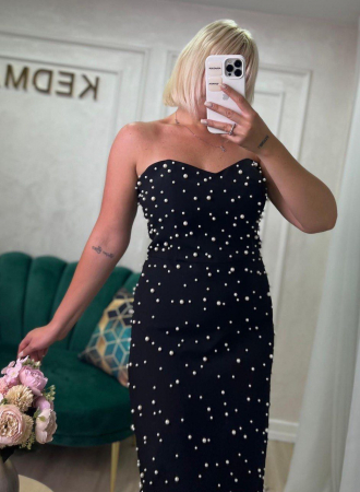 Rochie Midi Elegantă Conică Neagră cu Perle [1]