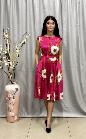 MĂRIMI MARI - Rochie Elegantă Medie Fucsia Floral Cloș