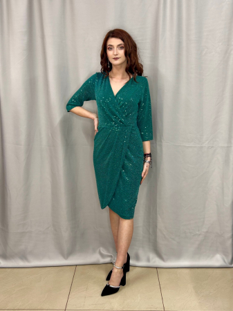 Rochii elegante scurte - Rochie Verde Scurtă Elegantă Conică din Paiete cu Decolteu în V