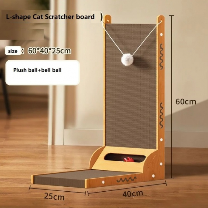 Ansamblu de joaca pentru pisici orizontal si vertical tip carton de zgariat cu jucarie interactiva inclusa, model in forma de L, rezistent la uzura 60x 25x 40cm [3]