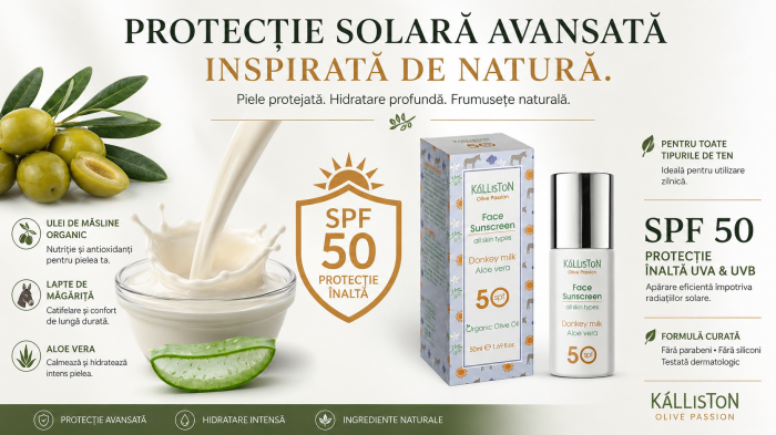 Cremă de protecție solară facială KaLLiSToN Olive Passion, SPF 50, cu lapte de măgăriță, aloe vera și ulei de măsline organic, pentru toate tipurile de ten, 50 ml [3]