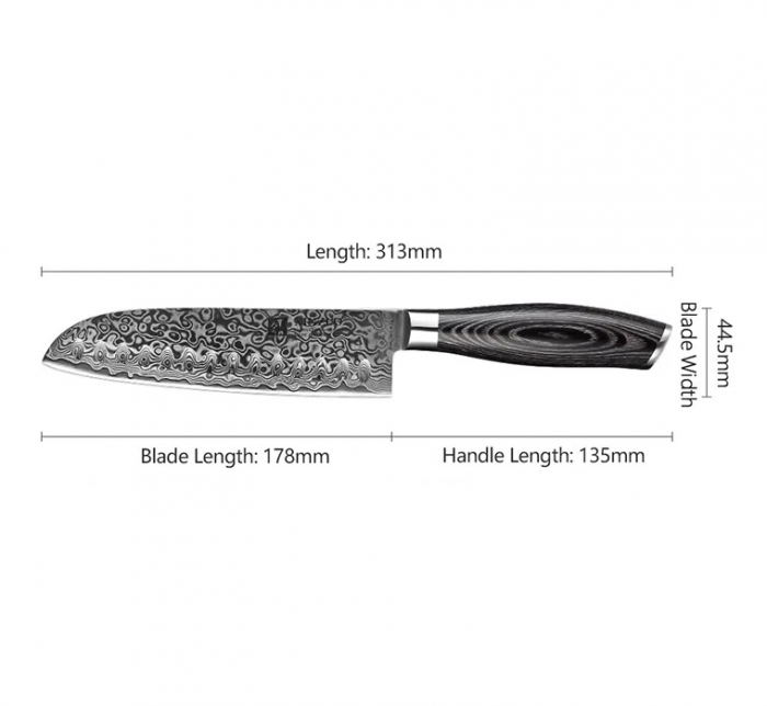 Cutit de bucatarie profesional din otel de Damasc, Xinzuo, lungimea lamei 178 mm, 67 straturi, pentru carne, legume, fructe, feliere, gatit zilnic, rezistent la coroziune si rugina, negru [2]