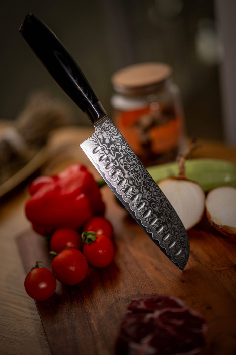 Cutit de bucatarie profesional din otel de Damasc, Xinzuo, lungimea lamei 178 mm, 67 straturi, pentru carne, legume, fructe, feliere, gatit zilnic, rezistent la coroziune si rugina, negru [6]