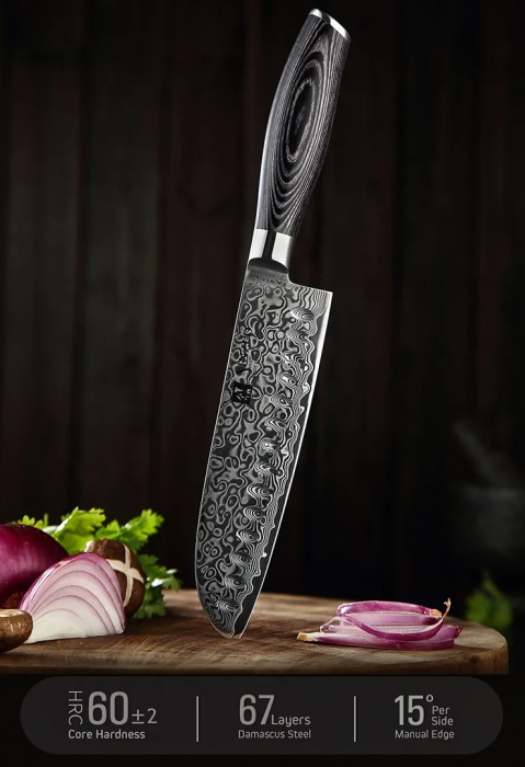 Cutit de bucatarie profesional din otel de Damasc, Xinzuo, lungimea lamei 178 mm, 67 straturi, pentru carne, legume, fructe, feliere, gatit zilnic, rezistent la coroziune si rugina, negru [15]