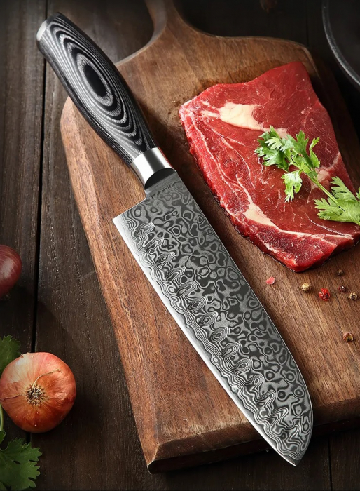 Cutit de bucatarie profesional din otel de Damasc, Xinzuo, lungimea lamei 178 mm, 67 straturi, pentru carne, legume, fructe, feliere, gatit zilnic, rezistent la coroziune si rugina, negru [19]