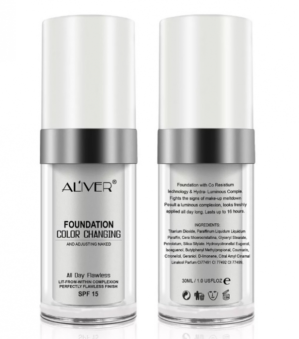 Fond de ten lichid Aliver, hidratant, rezistent la apa, care isi schimba culoare in functie de ten, 30ml [2]