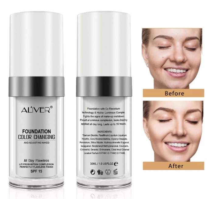 Fond de ten lichid Aliver, hidratant, rezistent la apa, care isi schimba culoare in functie de ten, 30ml [3]