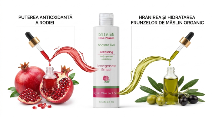 Gel de duș revigorant KaLLiSToN Olive Passion Refreshing, cu extract de rodie și frunze de măslin organic, energizant și antioxidant, 250 ml [2]